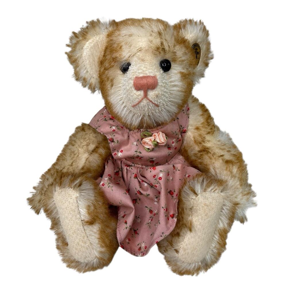 Vintage Knickerbocker Mohair Teddy Bear 8" Jointed Plush Girl w/ Pink Dress Rose